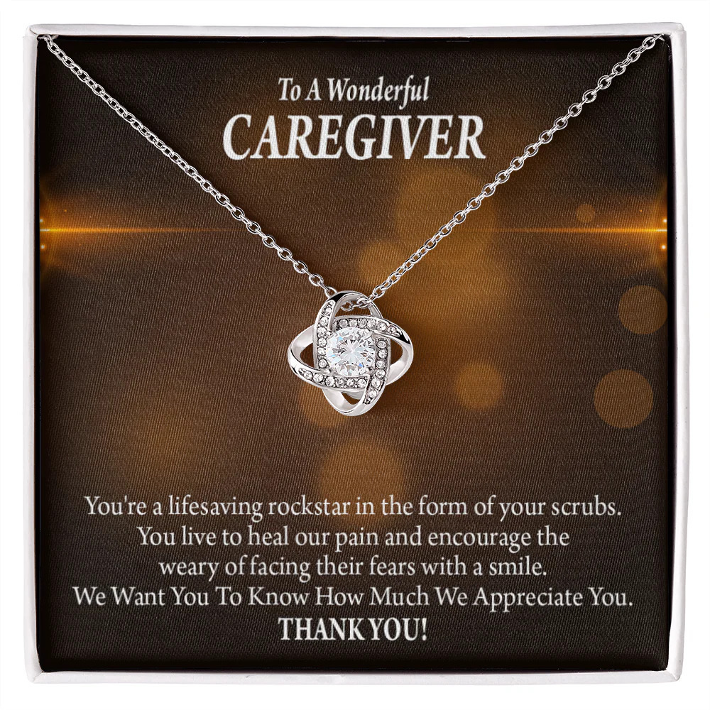 Rockstar Caregiver Infinity Knot CZ Necklace Silver Tone Standard Box